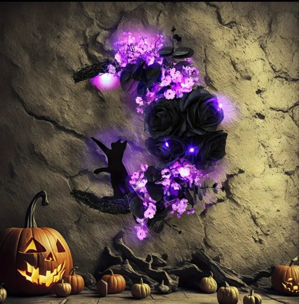 Lucky Black Cat Protection & Warding Off Negativity Cresent Wreath With Amethyst - Ritual Activated & Blessed Light Up Purple & Black Flowers