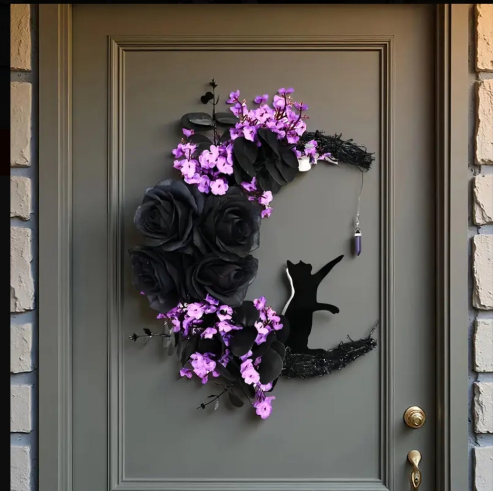 Lucky Black Cat Protection & Warding Off Negativity Cresent Wreath With Amethyst - Ritual Activated & Blessed Light Up Purple & Black Flowers