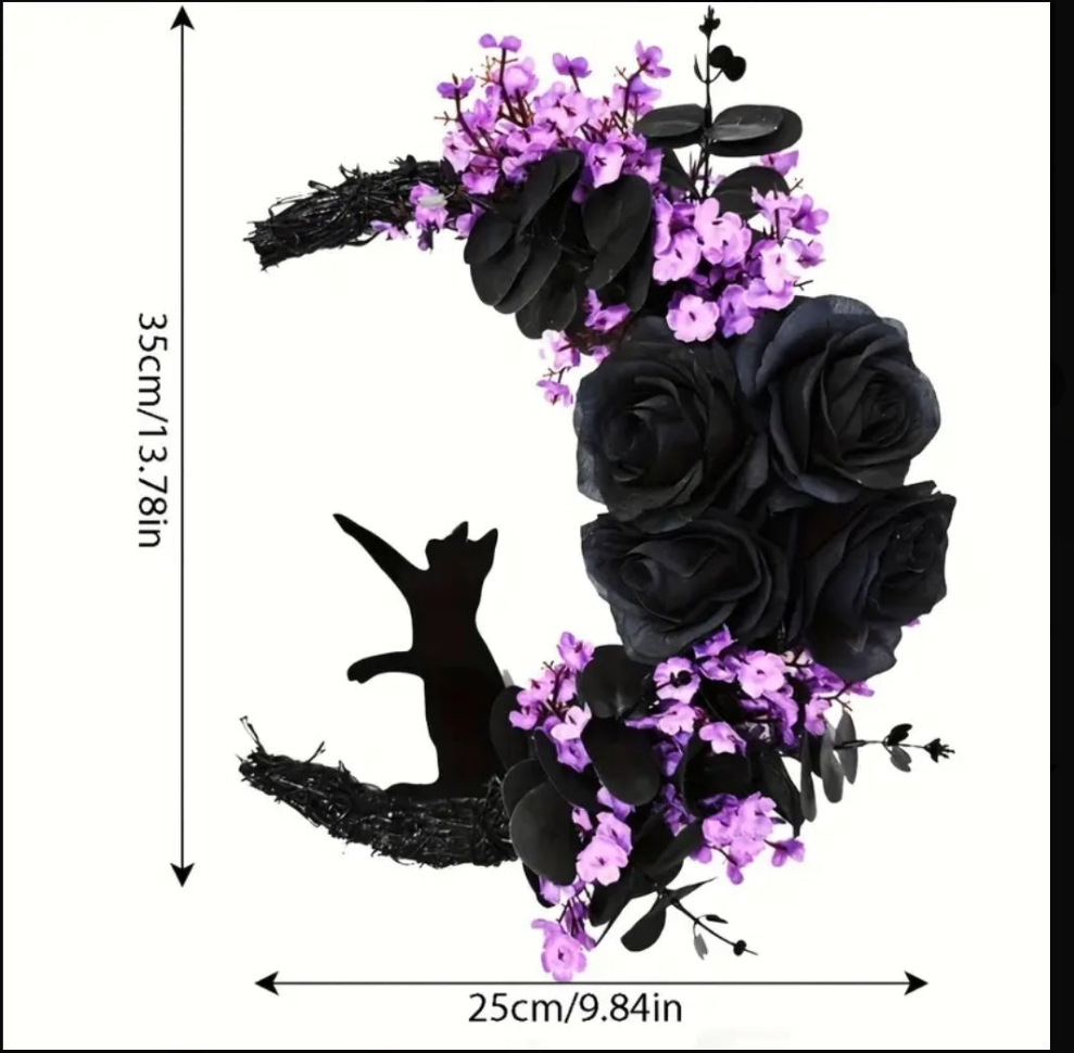 Lucky Black Cat Protection & Warding Off Negativity Cresent Wreath With Amethyst - Ritual Activated & Blessed Light Up Purple & Black Flowers