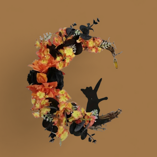 Lucky Black Cat Protection & Warding Off Negativity Cresent Wreath With Citrine Quartz - Ritual Activated & Blessed Light Up Orange & White & Black Flowers