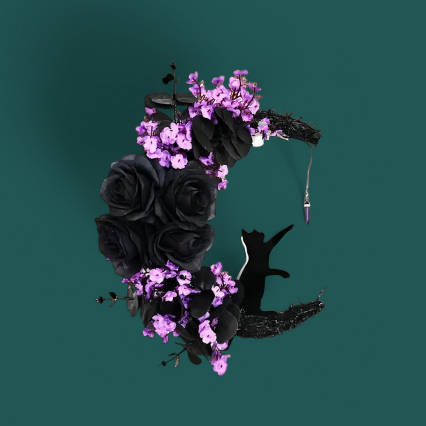 Lucky Black Cat Protection & Warding Off Negativity Cresent Wreath With Amethyst - Ritual Activated & Blessed Light Up Purple & Black Flowers