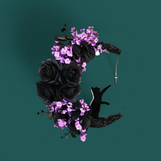 Lucky Black Cat Protection & Warding Off Negativity Cresent Wreath With Amethyst - Ritual Activated & Blessed Light Up Purple & Black Flowers