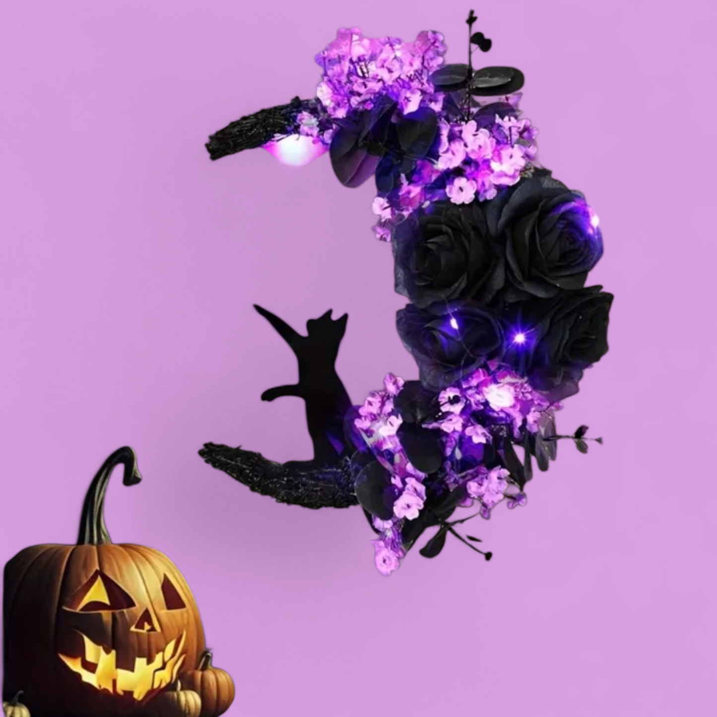 Lucky Black Cat Protection & Warding Off Negativity Cresent Wreath With Amethyst - Ritual Activated & Blessed Light Up Purple & Black Flowers