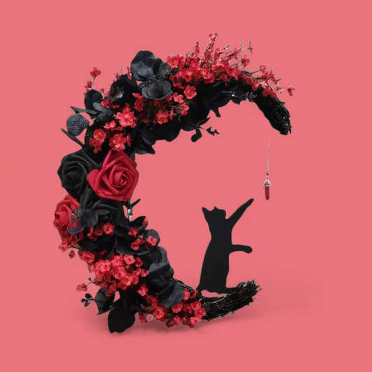 Lucky Black Cat Protection & Warding Off Negativity Cresent Wreath With Red Agate - Ritual Activated & Blessed Light Up Red & White & Black Flowers
