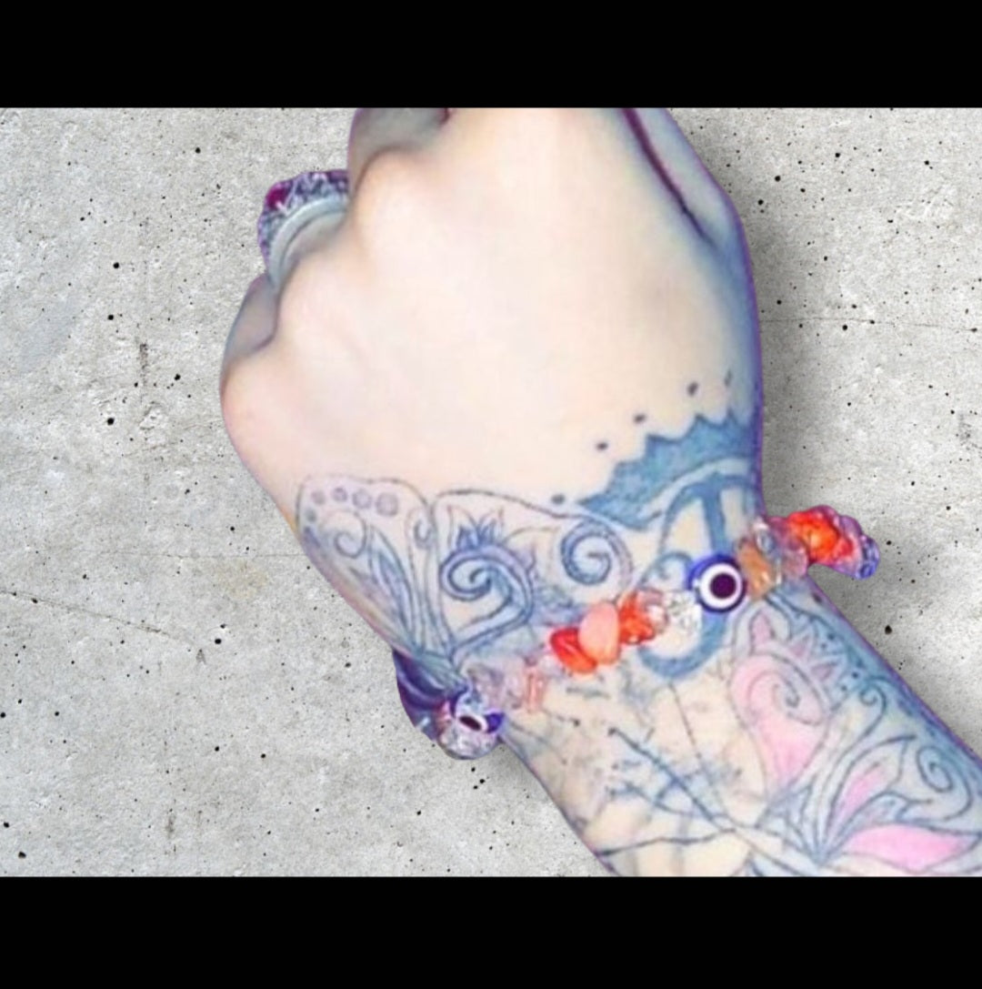 Pink Quartz & Orange Quartz Crystals & Evil Eye Ritual Bracelet