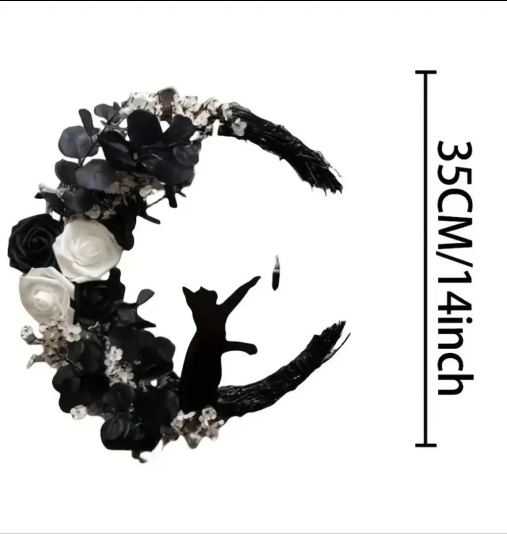 Lucky Black Cat Protection & Warding Off Negativity Cresent Wreath With Obsidian - Ritual Activated & Blessed Light Up White & Black Flowers