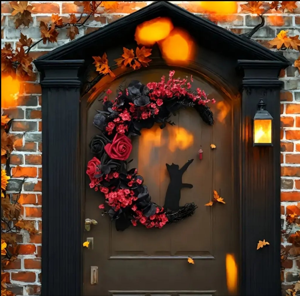 Lucky Black Cat Protection & Warding Off Negativity Cresent Wreath With Red Agate - Ritual Activated & Blessed Light Up Red & White & Black Flowers