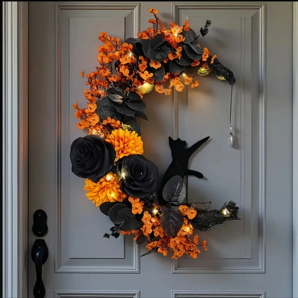 Lucky Black Cat Protection & Warding Off Negativity Cresent Wreath With Citrine Quartz - Ritual Activated & Blessed Light Up Orange & White & Black Flowers