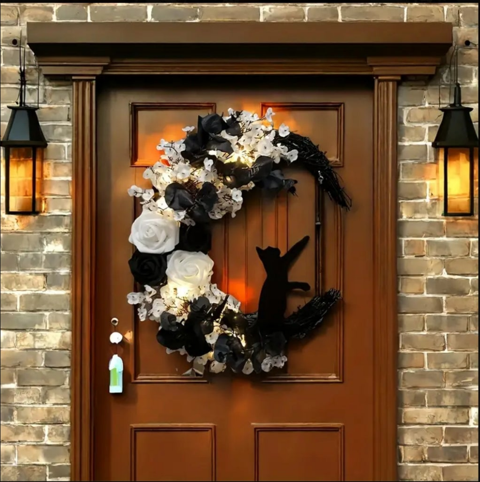 Lucky Black Cat Protection & Warding Off Negativity Cresent Wreath With Obsidian - Ritual Activated & Blessed Light Up White & Black Flowers