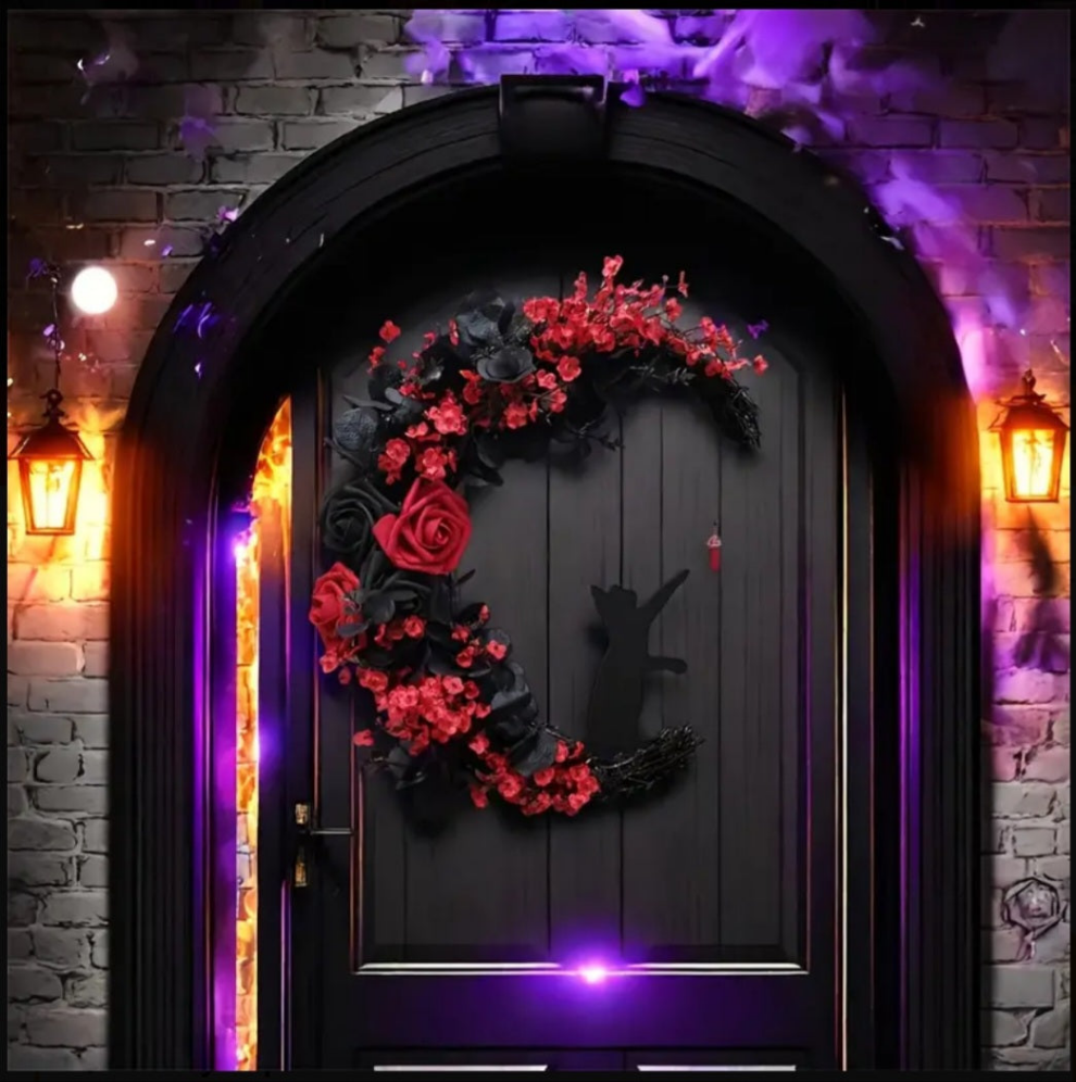 Lucky Black Cat Protection & Warding Off Negativity Cresent Wreath With Red Agate - Ritual Activated & Blessed Light Up Red & White & Black Flowers