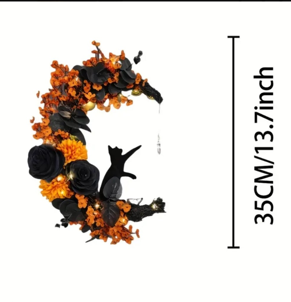 Lucky Black Cat Protection & Warding Off Negativity Cresent Wreath With Citrine Quartz - Ritual Activated & Blessed Light Up Orange & White & Black Flowers