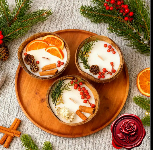 Abundant Energy Is Attracted To Me & Loves Me- Coconut Holder - Pine White & Green - Vanilla Cinnamon & Red Dried Berries - Ritual Candle Activated & Blessed