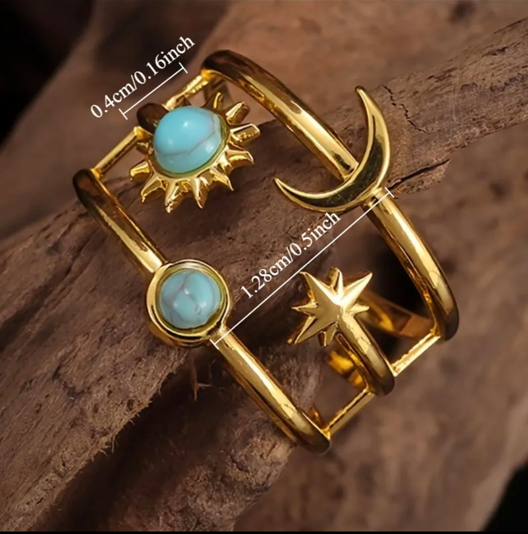 Transmuting & Manifesting Turquoise Crystal Moon & Stars Ring - Gold Plated - Ritual Activated & Blessed