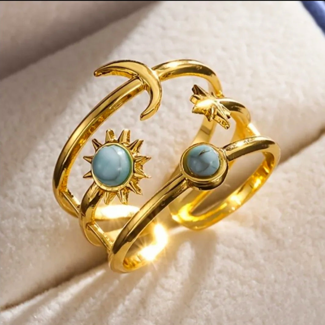 Transmuting & Manifesting Turquoise Crystal Moon & Stars Ring - Gold Plated - Ritual Activated & Blessed