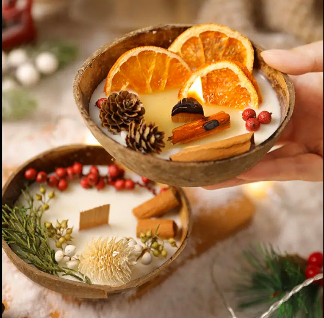 Abundant Energy Is Attracted To Me & Loves Me- Coconut Holder - Pine White & Green - Vanilla Cinnamon & Red Dried Berries - Ritual Candle Activated & Blessed