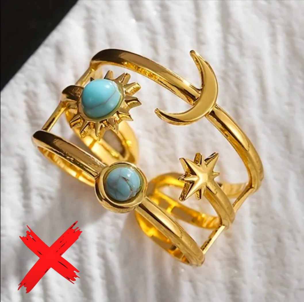 Transmuting & Manifesting Turquoise Crystal Moon & Stars Ring - Gold Plated - Ritual Activated & Blessed