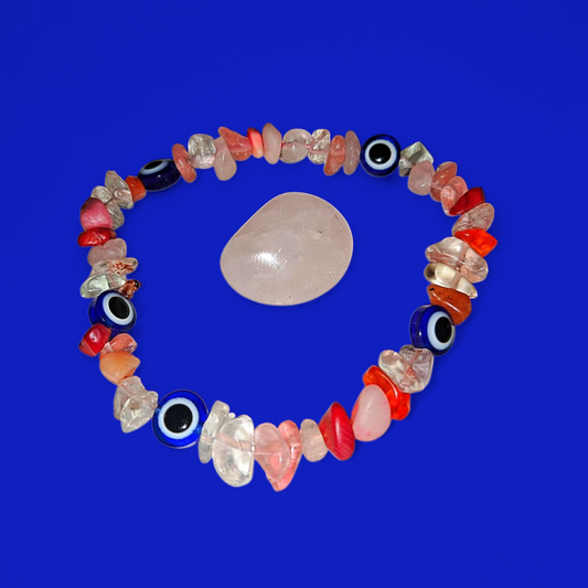 Pink Quartz & Orange Quartz Crystals & Evil Eye Ritual Bracelet