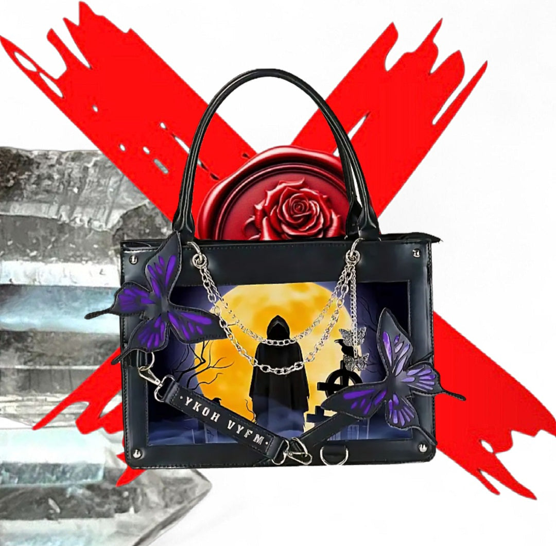 Transformation Goddess - Protection / Manifesting - Purple / Black Ritual Activated & Blessed Butterly & Moon Reaper Purse