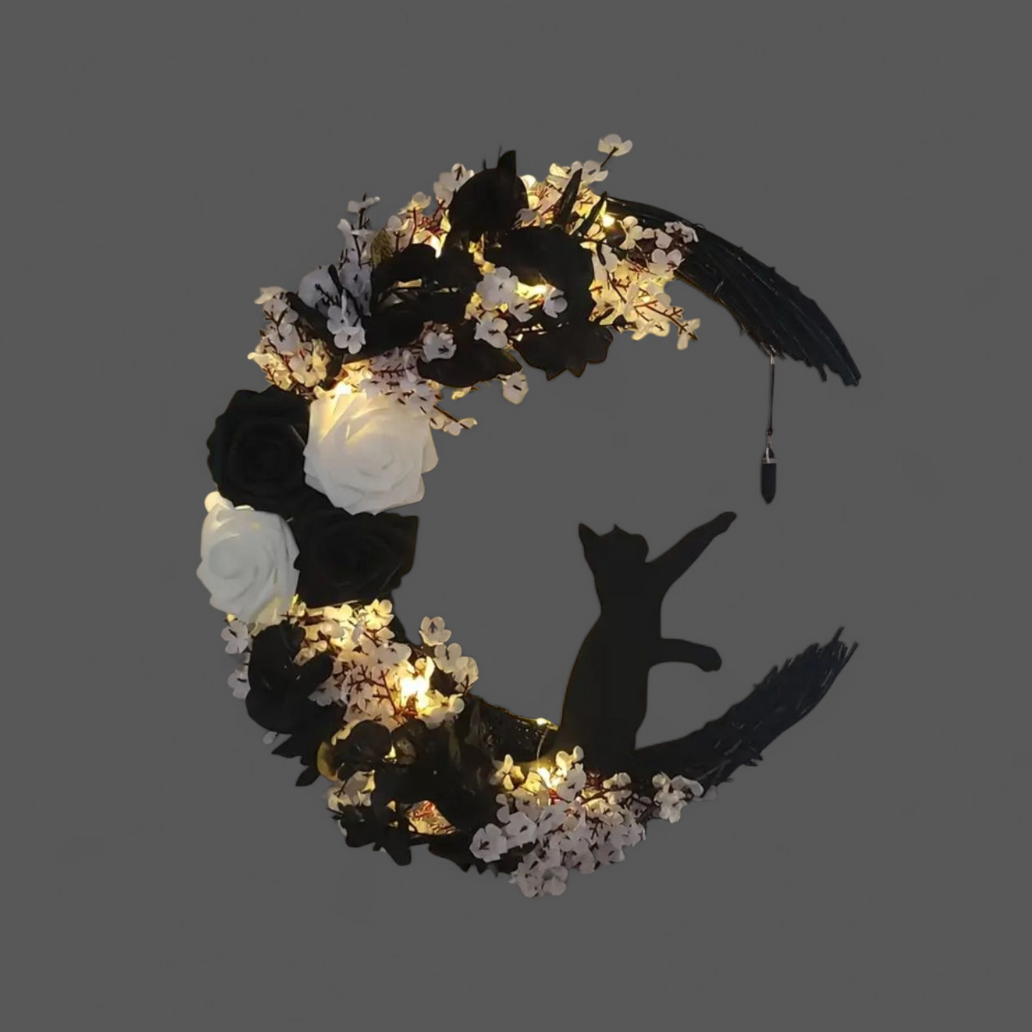 Lucky Black Cat Protection & Warding Off Negativity Cresent Wreath With Obsidian - Ritual Activated & Blessed Light Up White & Black Flowers