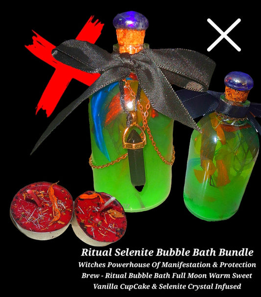 Witches Powerhouse Of Manifestation & Protection Brew Bundle - Powerful Ritual Bubble Bath Set - Full Moon Selenite Crystal Infused
