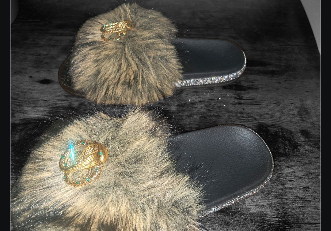 Every Step Counts - Golden Wolf Tan / Black Ritual Manifesting & Protection Activated & Blessed Slides