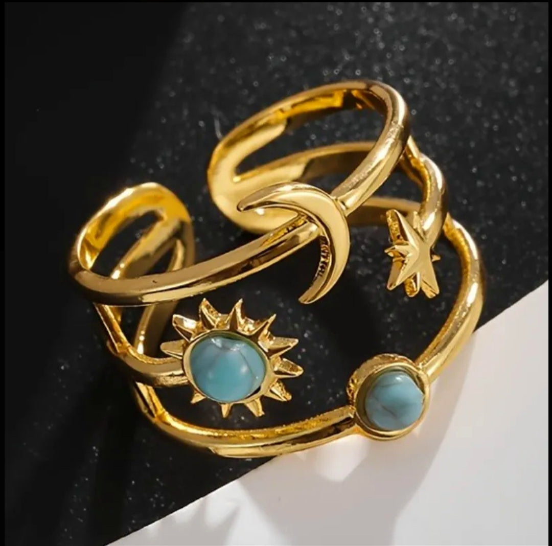 Transmuting & Manifesting Turquoise Crystal Moon & Stars Ring - Gold Plated - Ritual Activated & Blessed